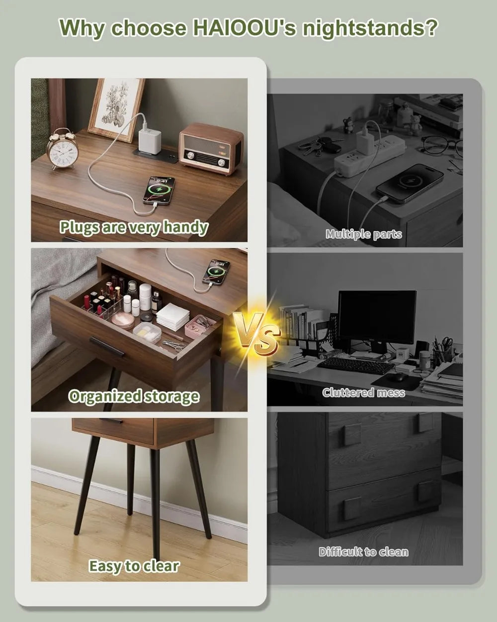 Mid Century Modern Nightstands Set of 2 With Charging Station