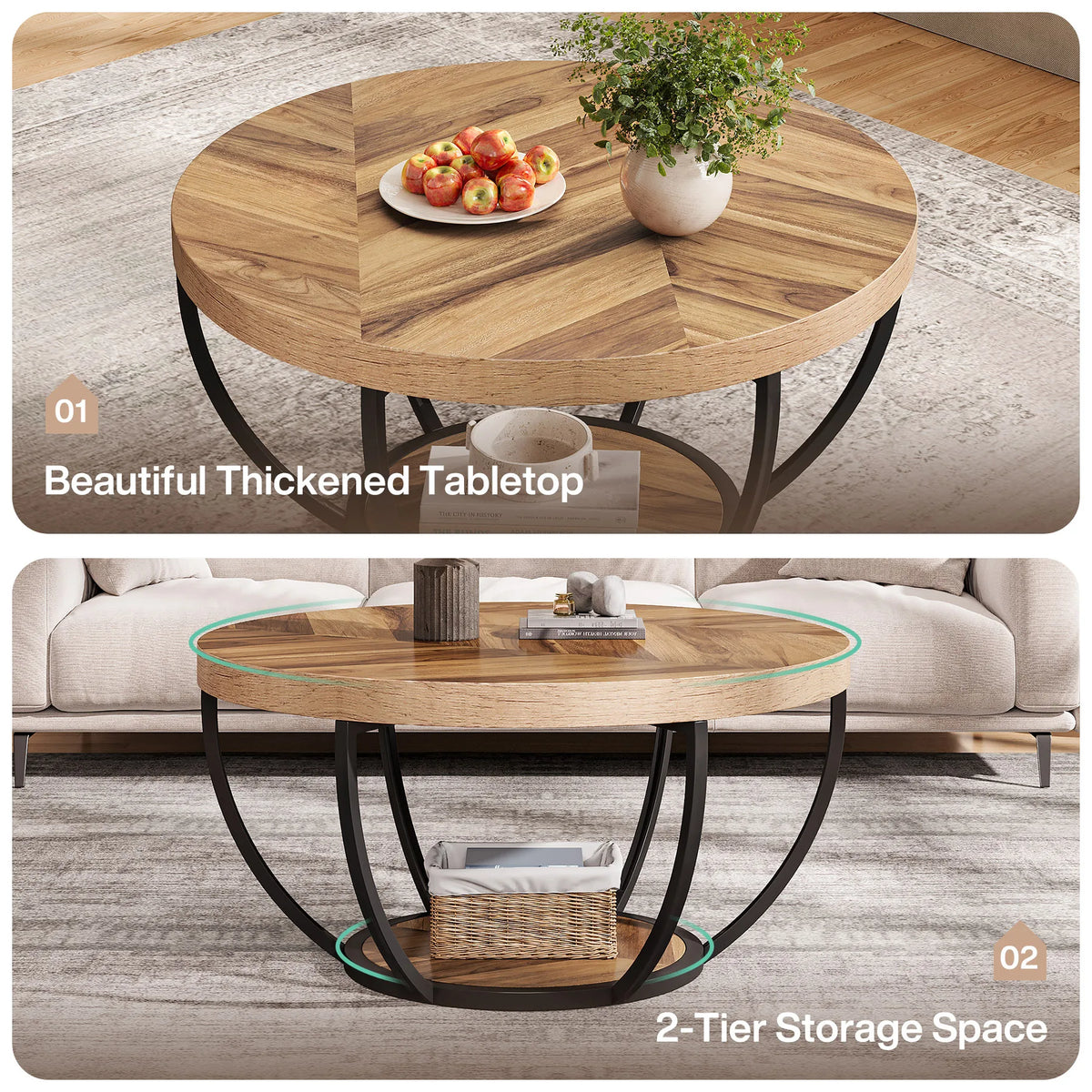 Tribesigns Industrial Round Coffee Table with Two Tier Storage Shelves