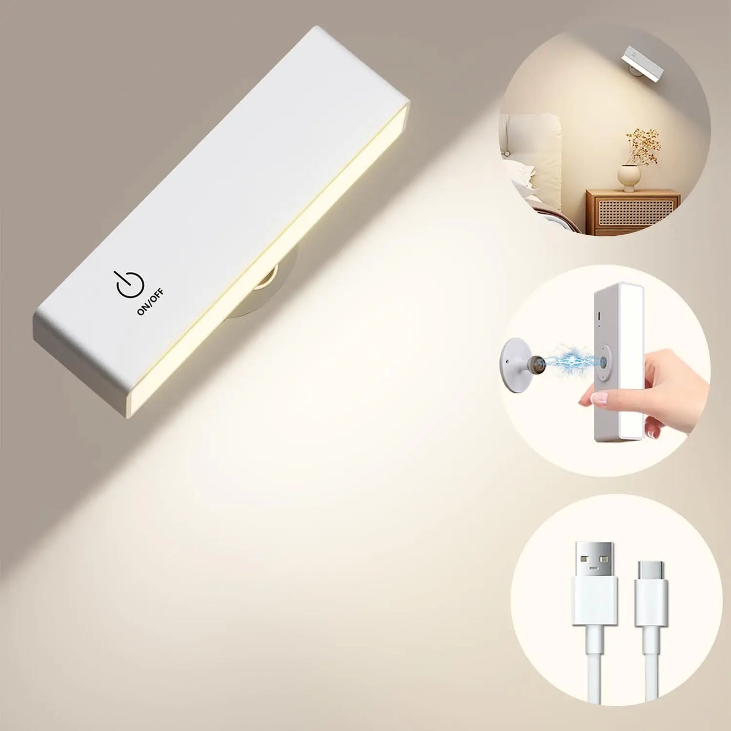 Rechargeable LED Wall Sconce Bedside Lamp USB Charge 360 Rotate