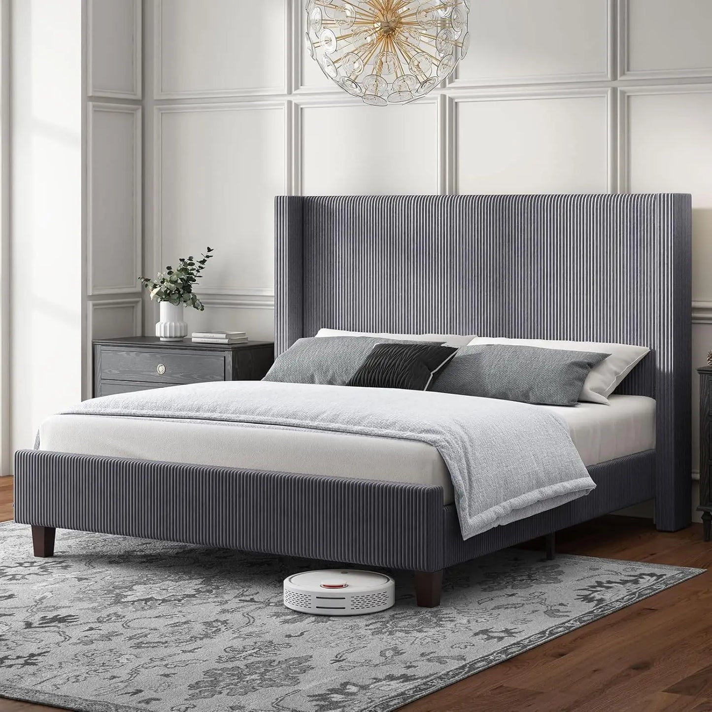General Modern Corduroy Wingback Upholstered Bed Frame