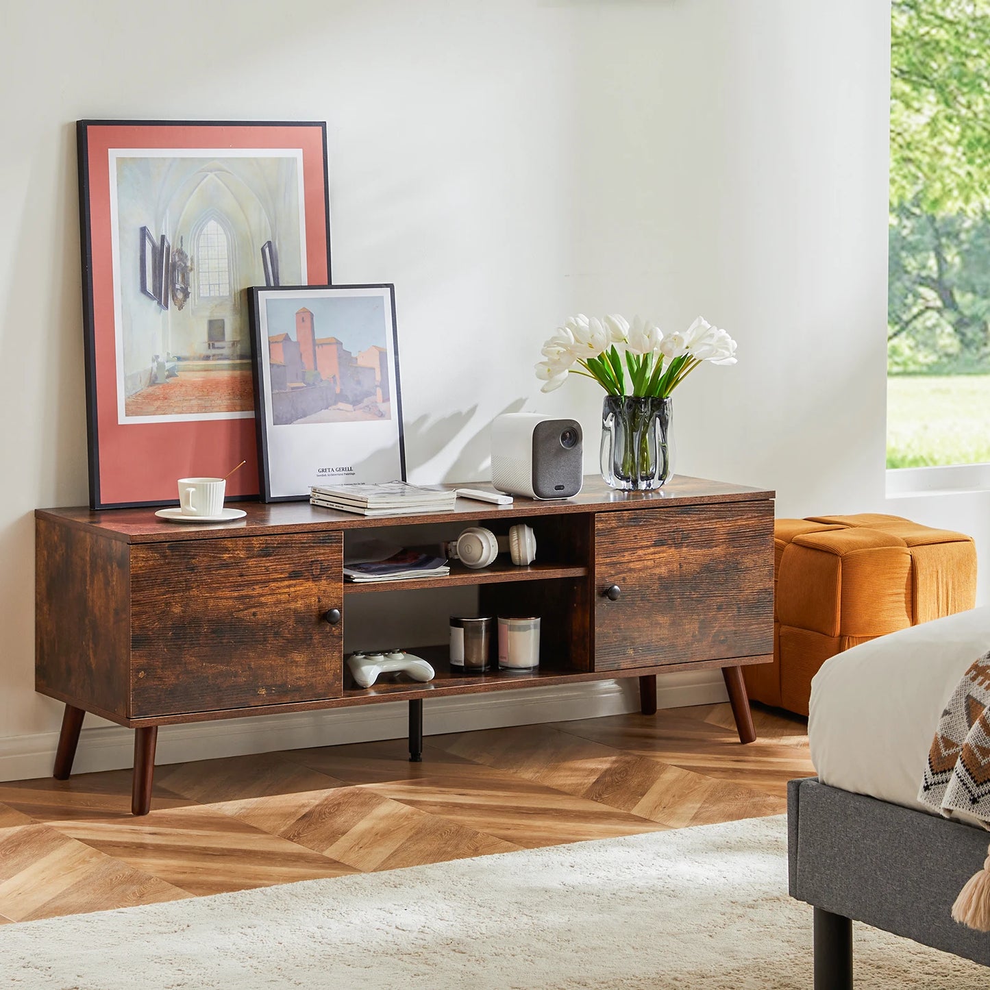 JHK Wooden Fireplace TV Stand Entertainment Center With Adjustable Shelves