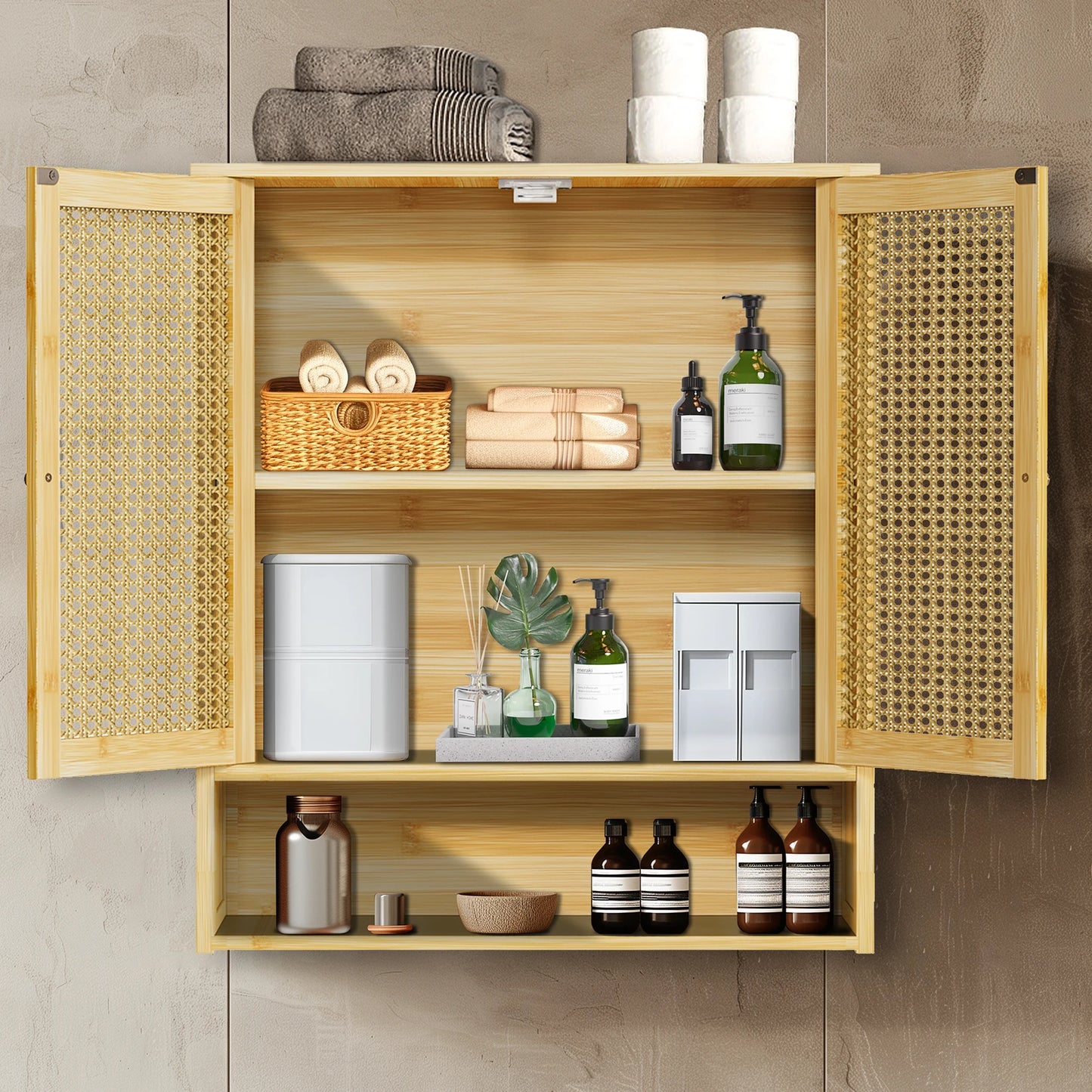 Bamboo Wall Cabinet For Bathroom Over Toilet With 3 Shelves