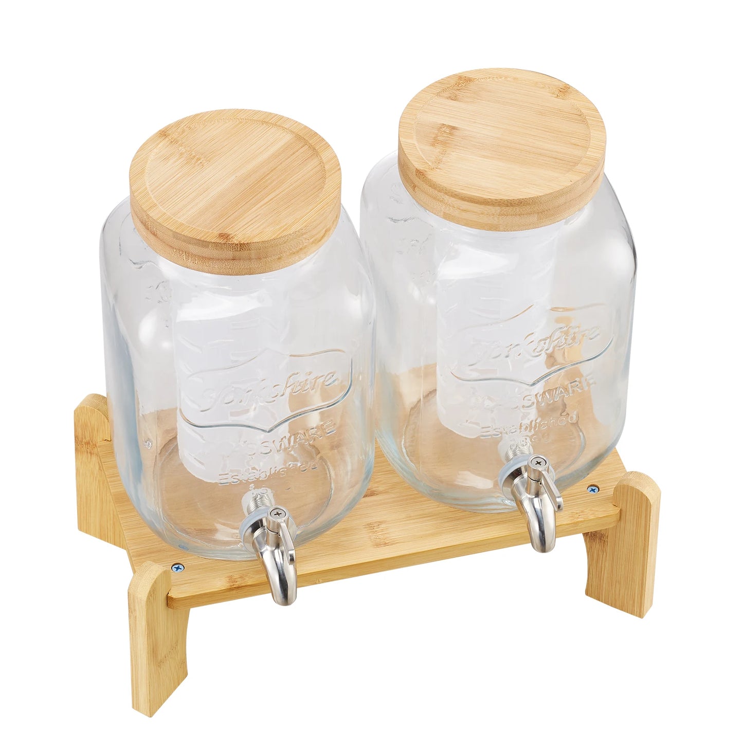 SucceBuy Glass Beverage Dispenser With Wood Stand Dual Cylinder