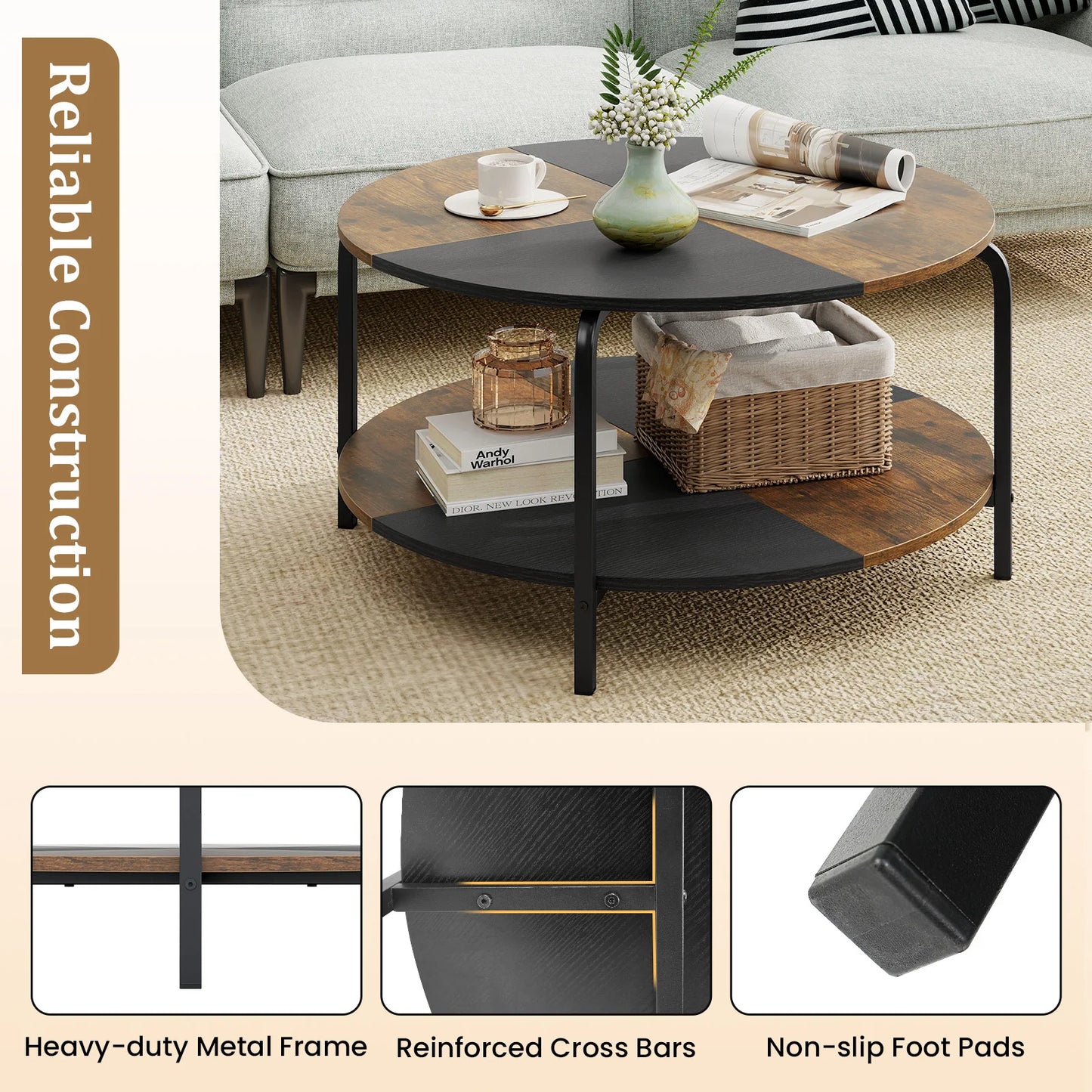HOMASIS 2 Tier Round Coffee Table With Storage Shelf