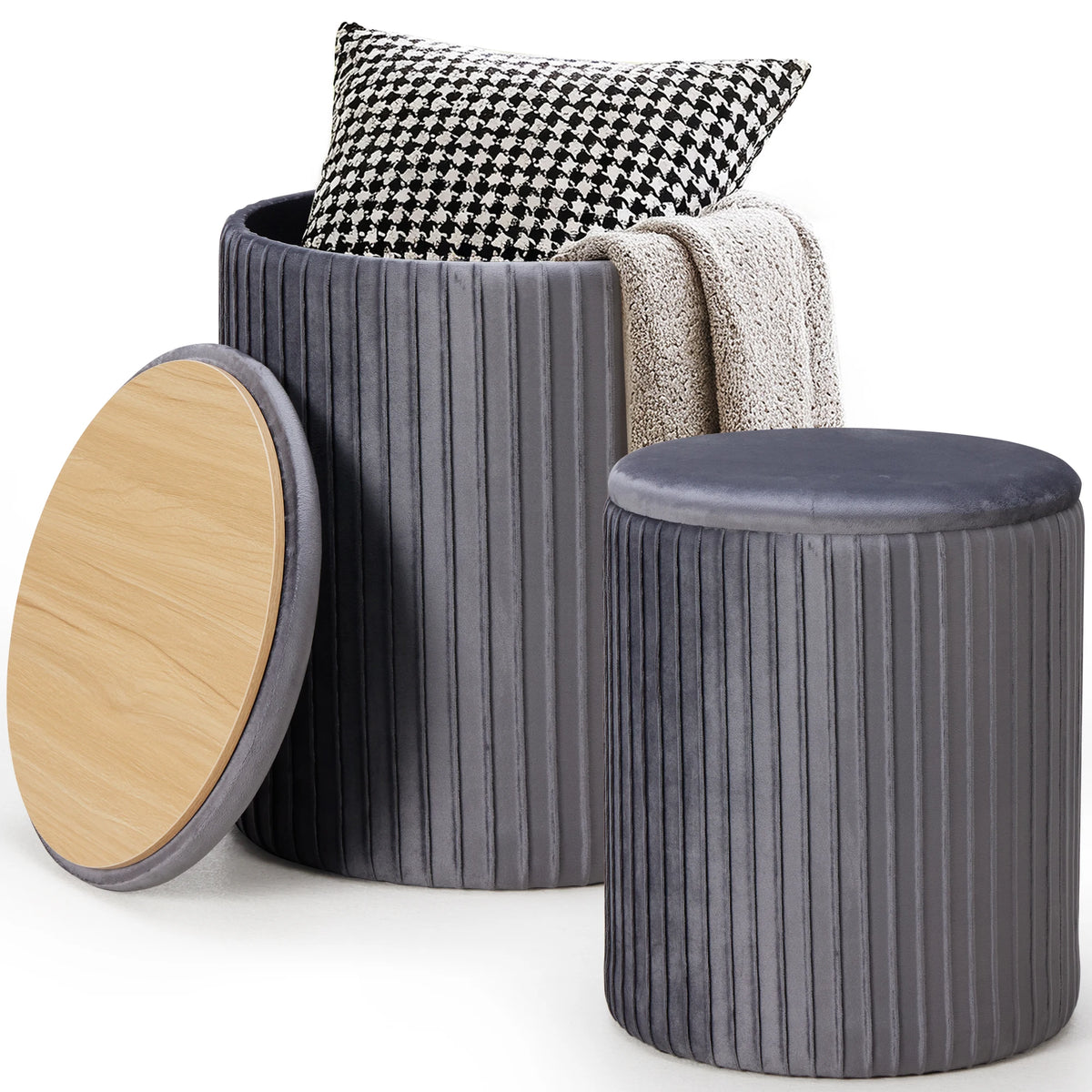 JHK Round Wooden Ottoman With Hidden Storage Footstool Set