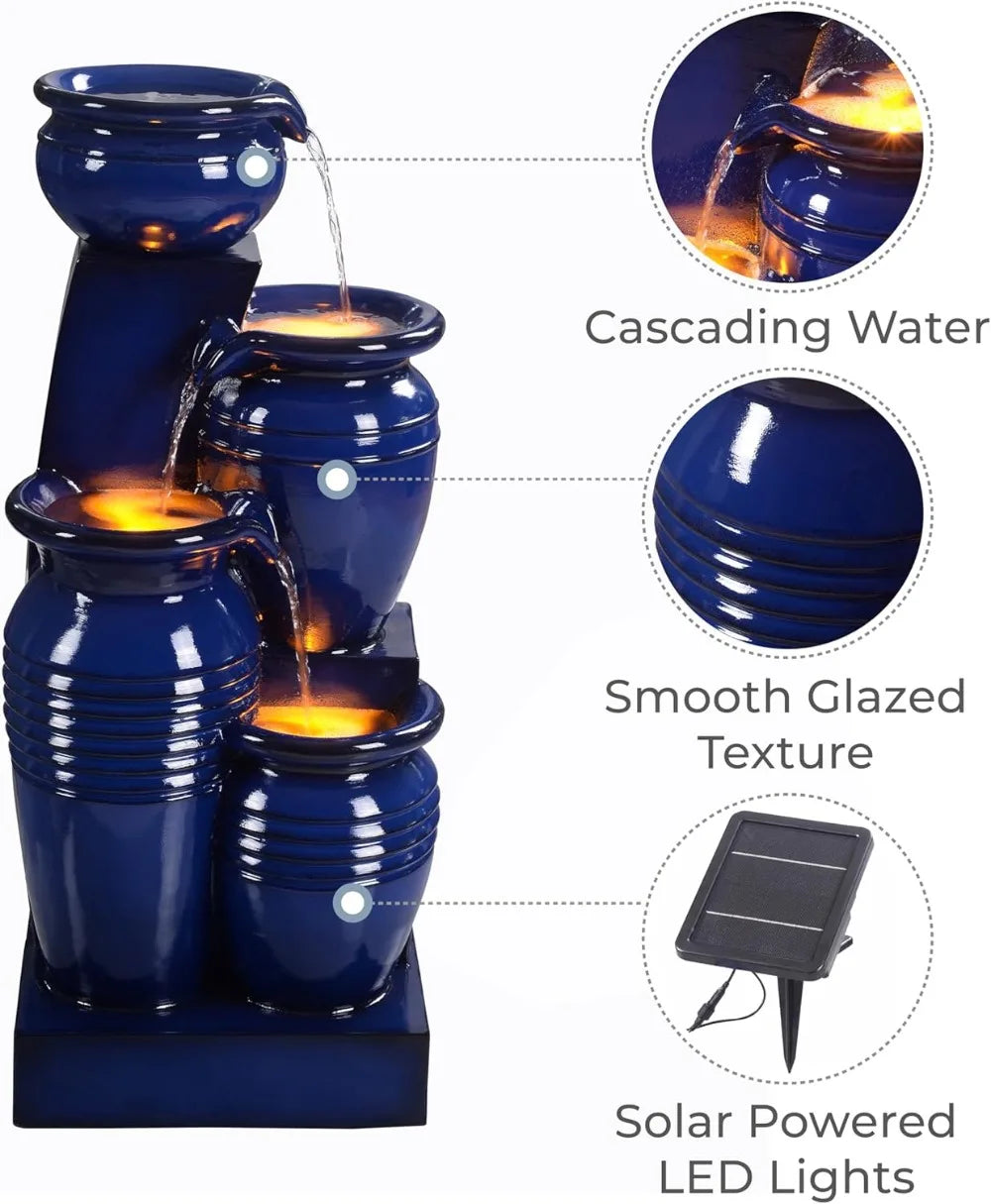 4-Tier Cascading Solar Powered Water Fountain Outdoor