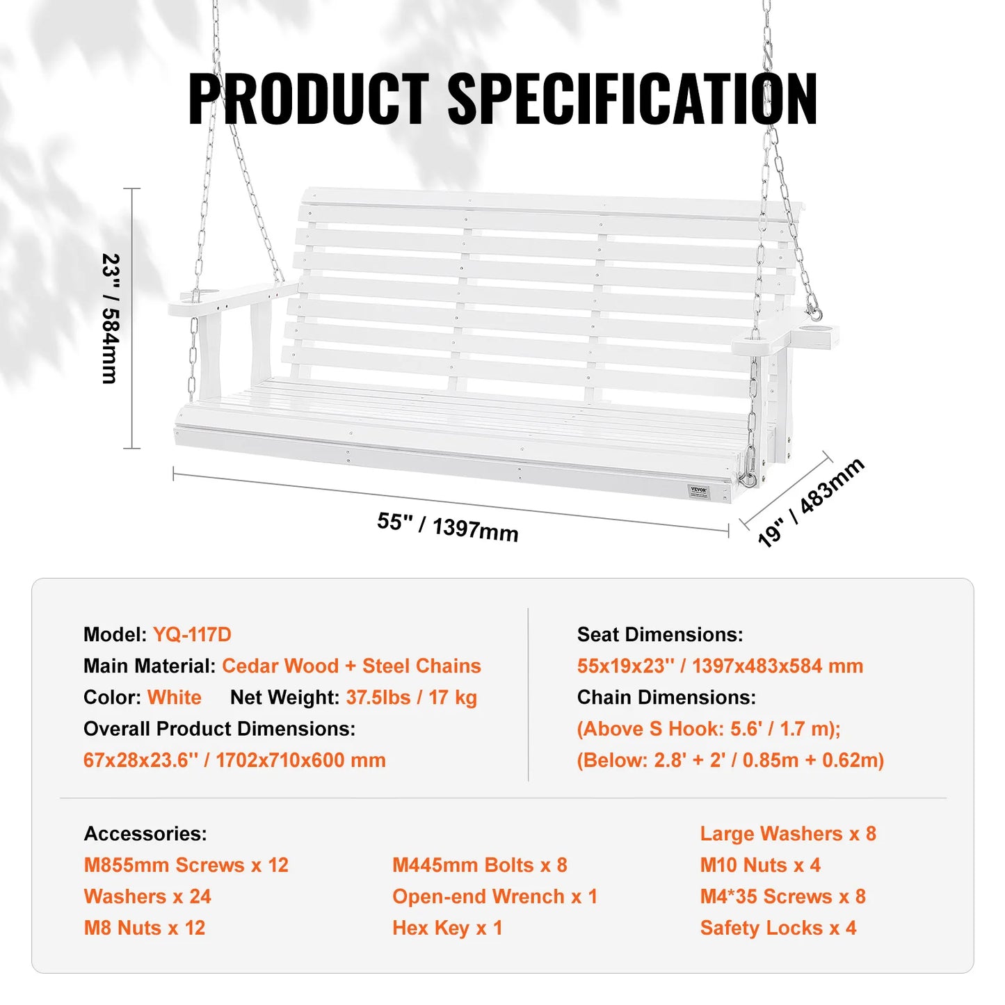 SucceBuy Cedar Wood Porch Swing Outdoor Bench With Steel Chains 880 LB Capacity