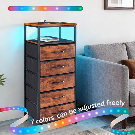 MCQ Nightstand With Fabric Drawers LED Light Strip Charging Station
