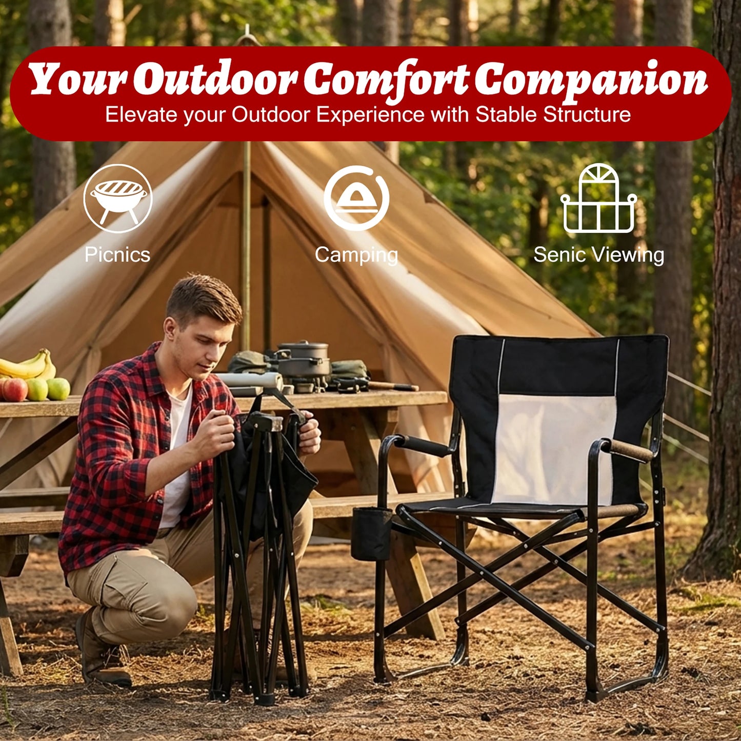 JHK Outdoor Folding Camping Chair With Mesh Back Waterproof Armrests