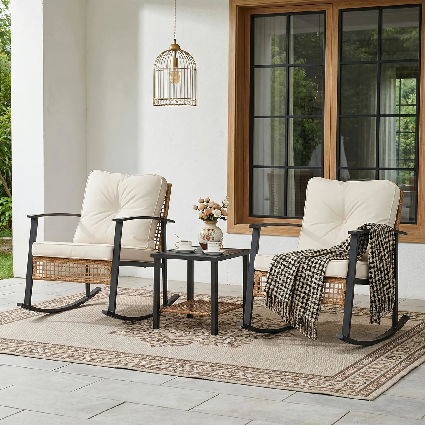 PIYRQ 3 Piece Rattan Rocking Chair Set Outdoor Patio Wicker Glider