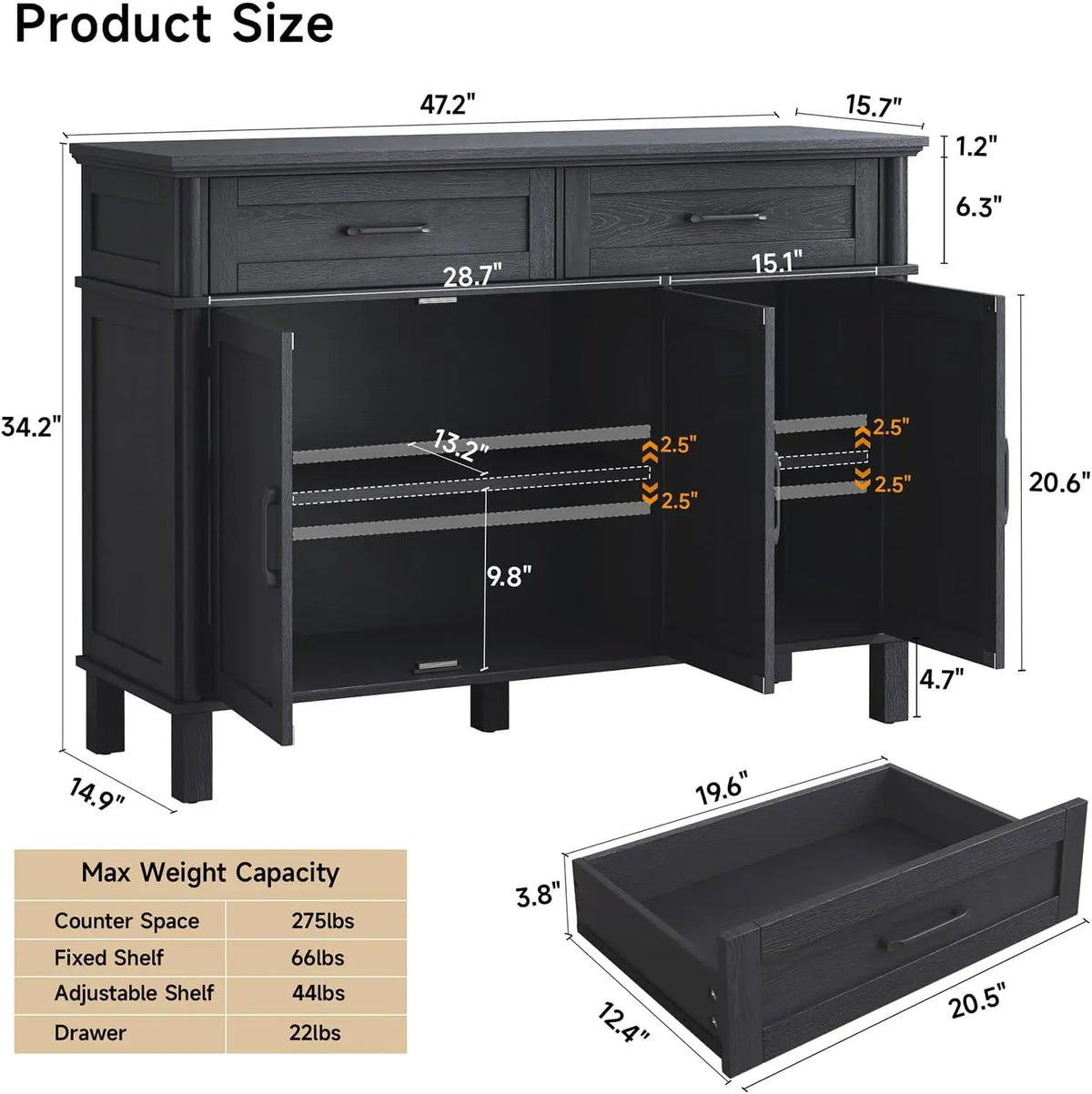 Onbrill Wood Buffet Cabinet With Three Doors And Two Drawers