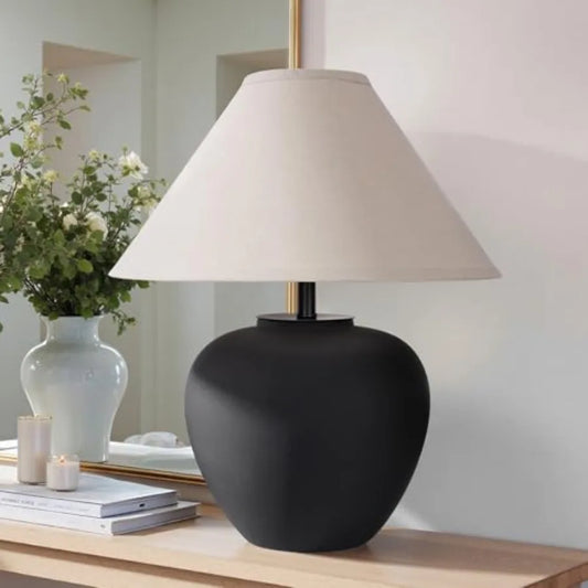 Ceramic Pot Table Lamp 18.5 inch Circular Frosted Nightstand Lamp Tapered Fabric Shade Bedside Ceramic Decorative for Living Ro