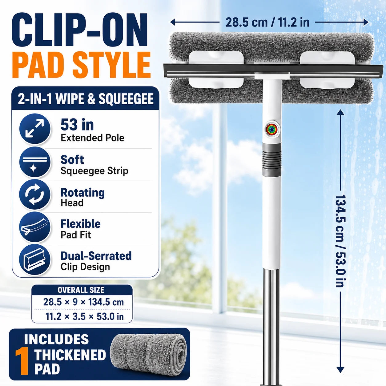 Joybos 2-in-1 Window Squeegee With Extendable Pole And Microfiber Pad