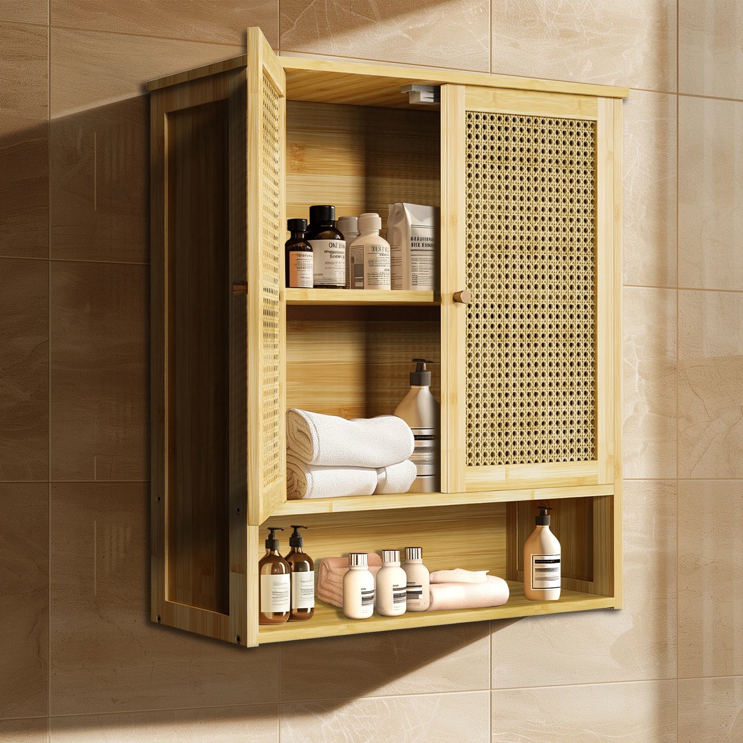Bamboo Wall Cabinet For Bathroom Over Toilet With 3 Shelves