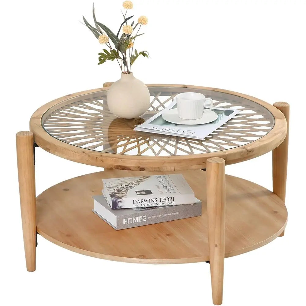 Two Tier Round Rattan Coffee Table With Tempered Glass Top