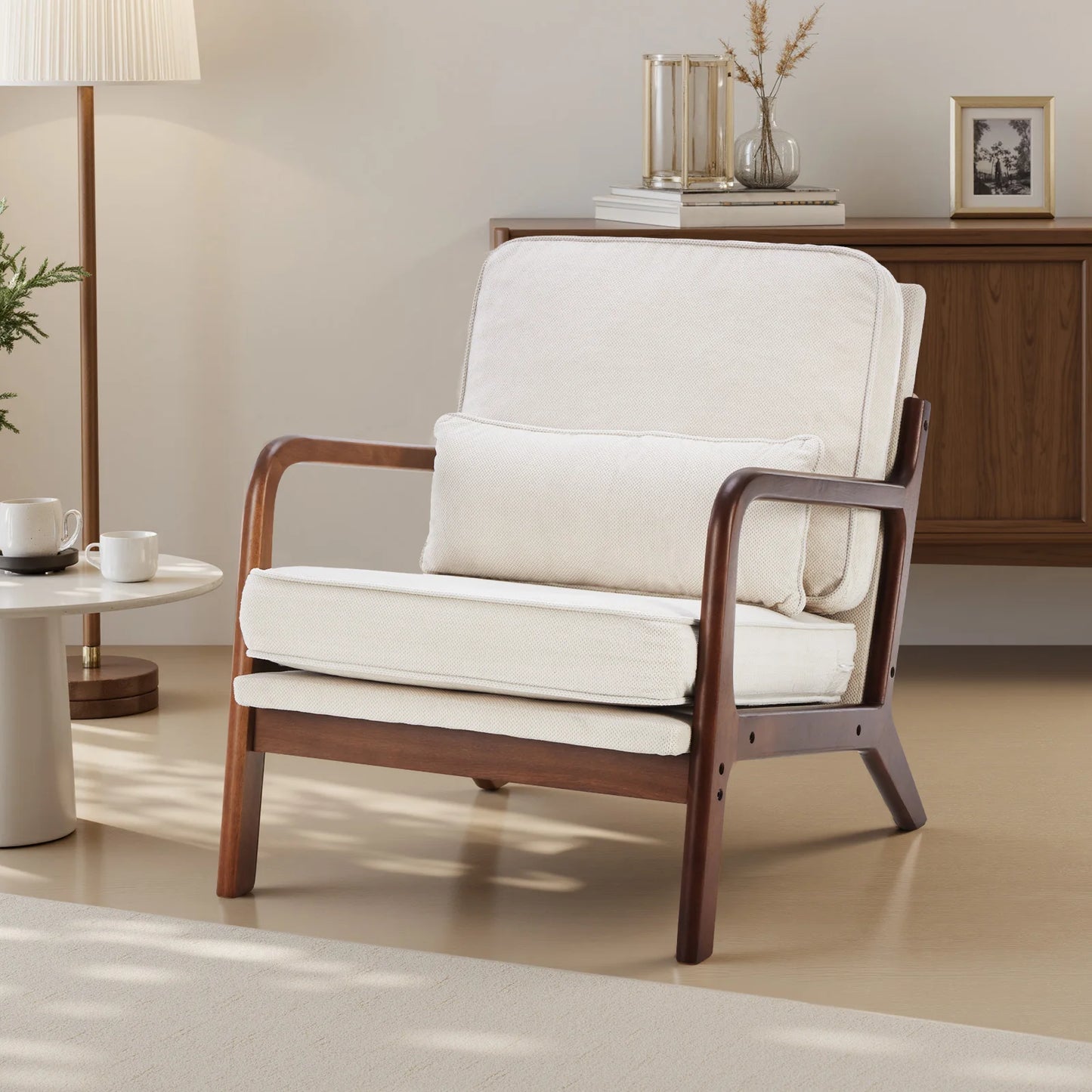 JHK Mid Century Modern Wood Frame Accent Chair With Arms Reading Chair