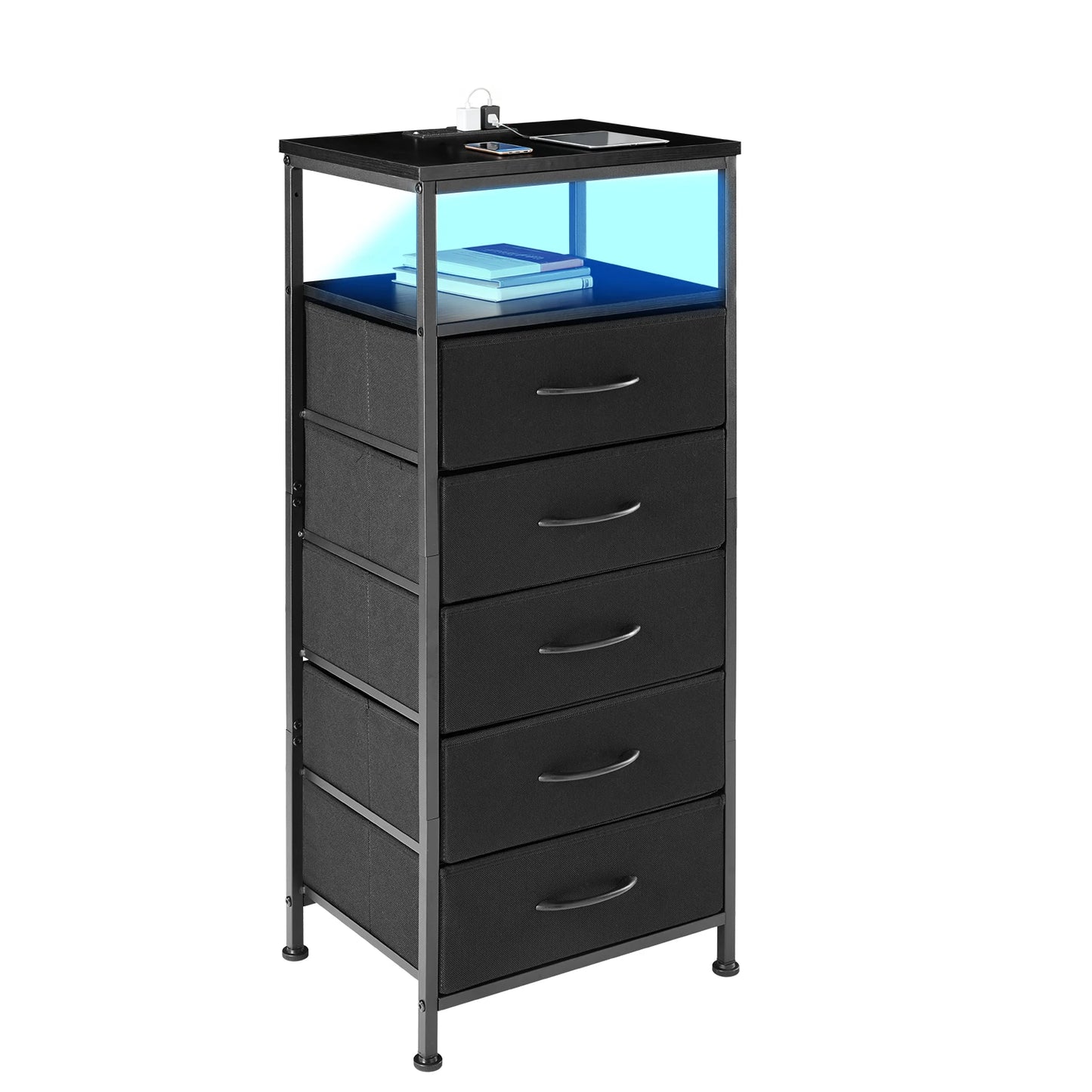 MCQ Nightstand With Fabric Drawers LED Light Strip Charging Station