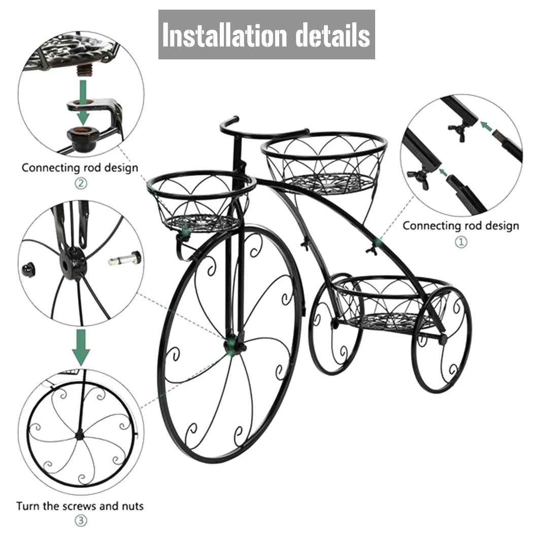 Three Tier Plant Stand Metal Wrought Iron Bicycle Tricycle Planter