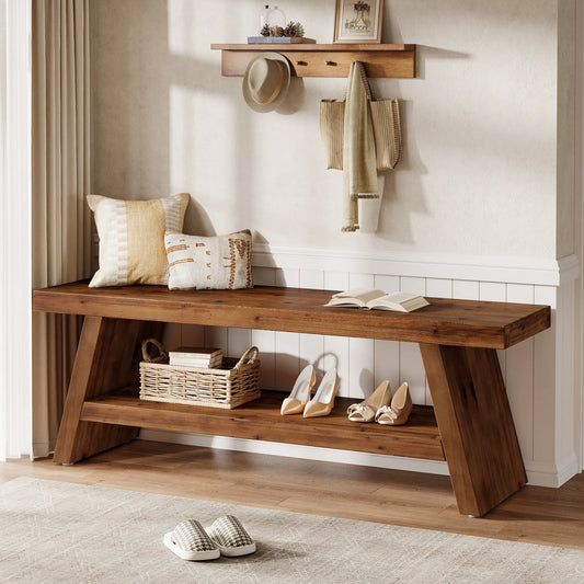 Tribesigns Solid Wood Entryway Bench 2 Tier Shoe Storage