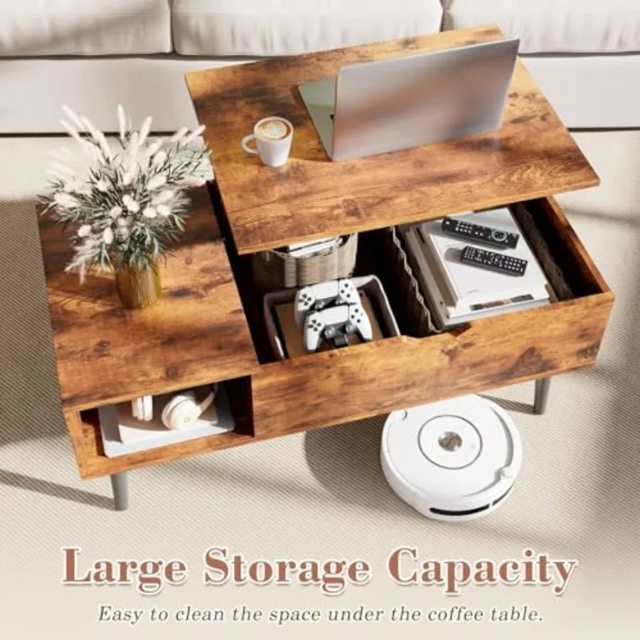 Lift Top Coffee Table With Hidden Compartment And Storage Shelf