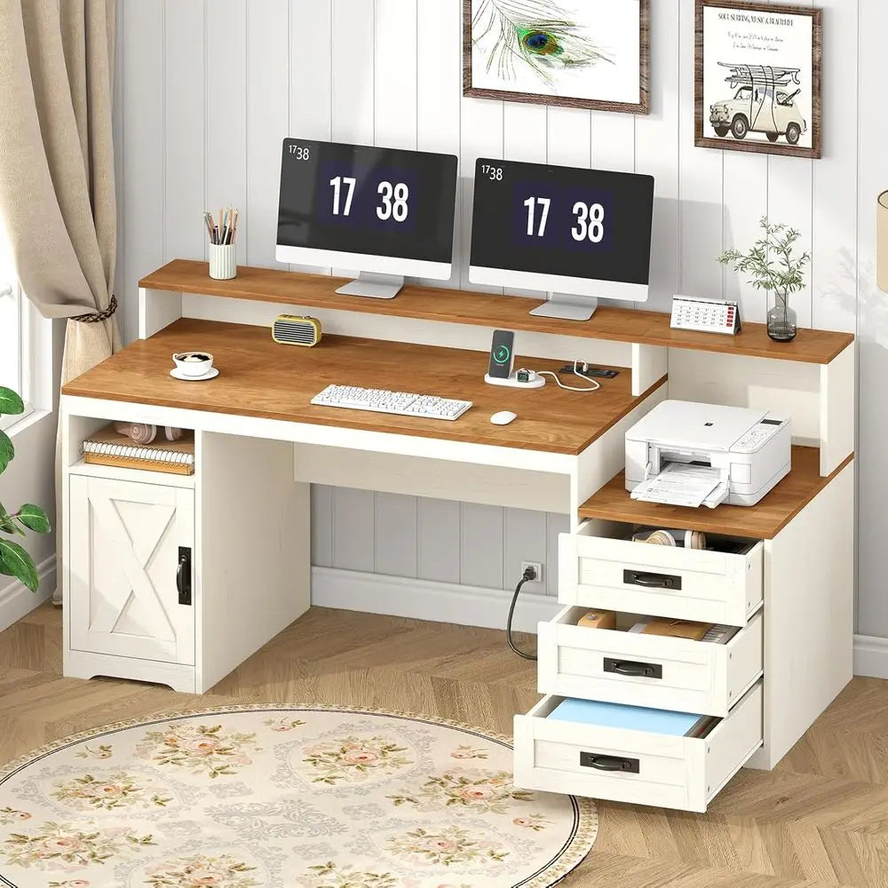 Computer Desk With Power Outlets Storage Cabinet Printer Stand