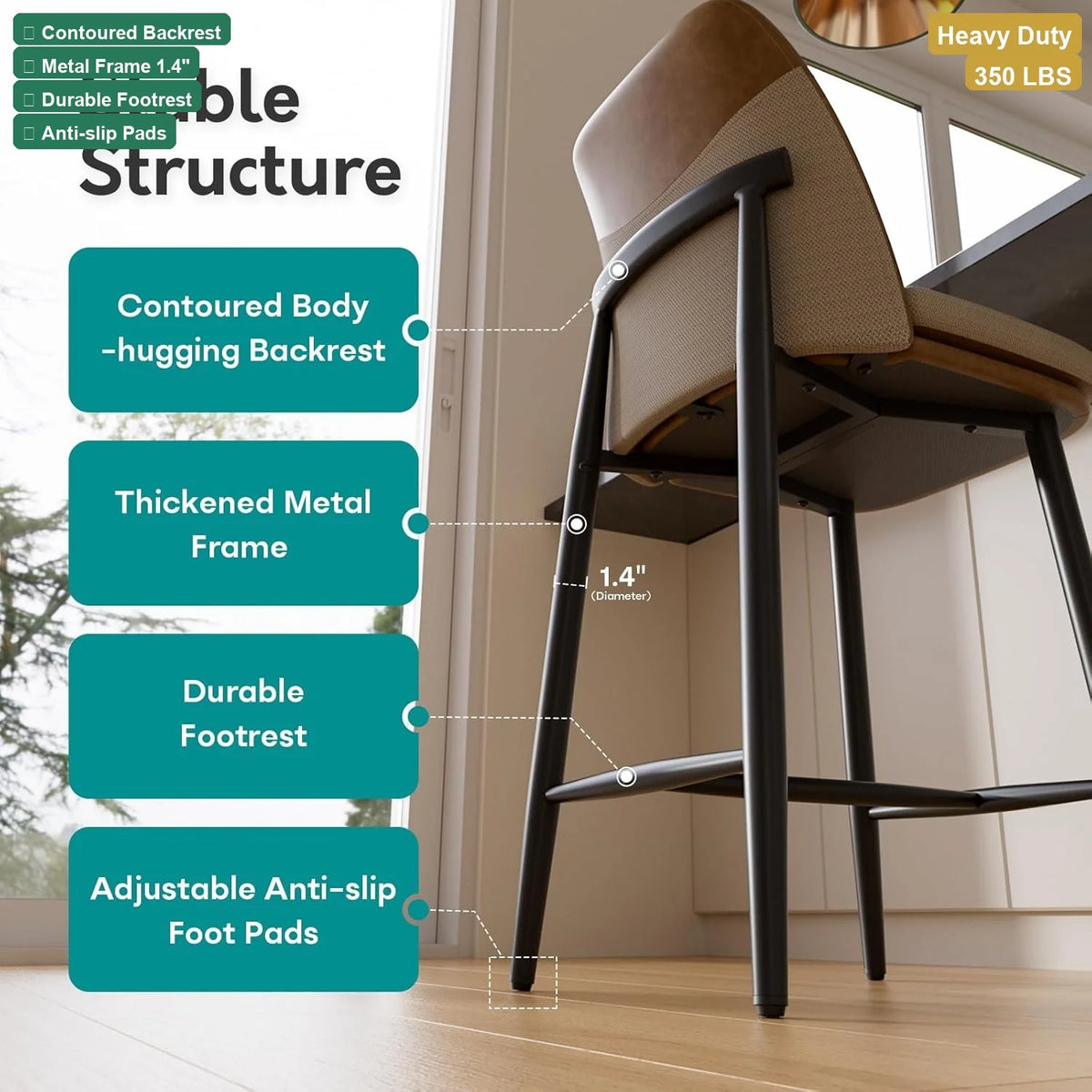 Bar Stools Set With Cushioned Backrests For Kitchen Island Dining