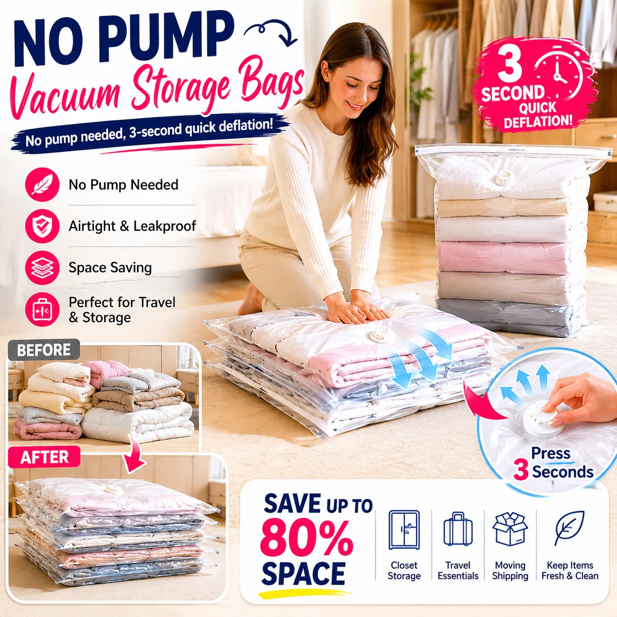 15 Pack No Pump Reusable Vacuum Storage Bags For Clothes