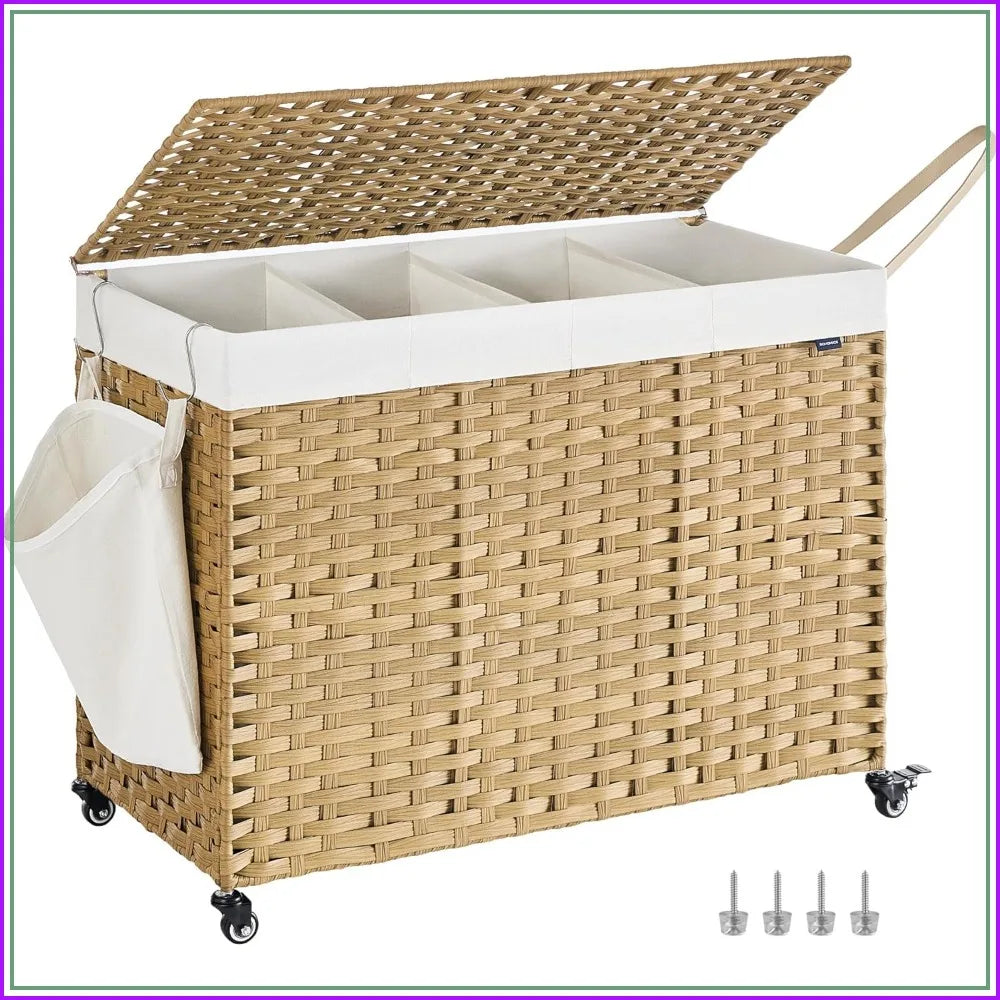 4 Section Rolling Laundry Hamper Lid Wheels Removable Liner