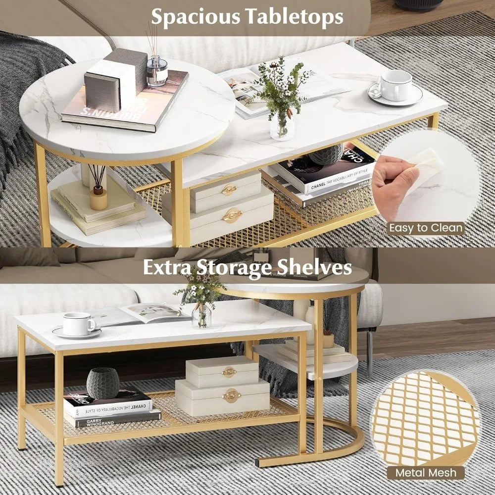 Nesting Coffee Table Set With Faux Marble and Metal Frame