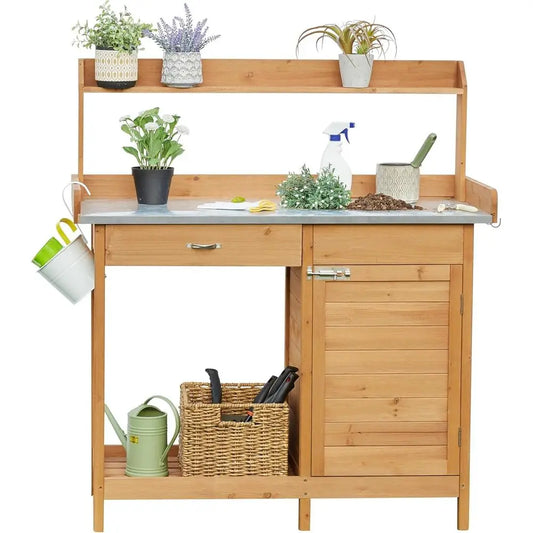 Wooden Outdoor Potting Bench With Metal Top Cabinet Drawer