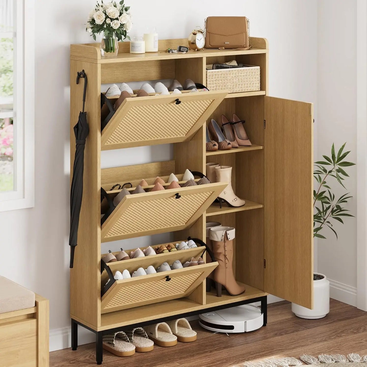 Rattan Shoe Cabinet With Four Tier Storage And Flip Drawers
