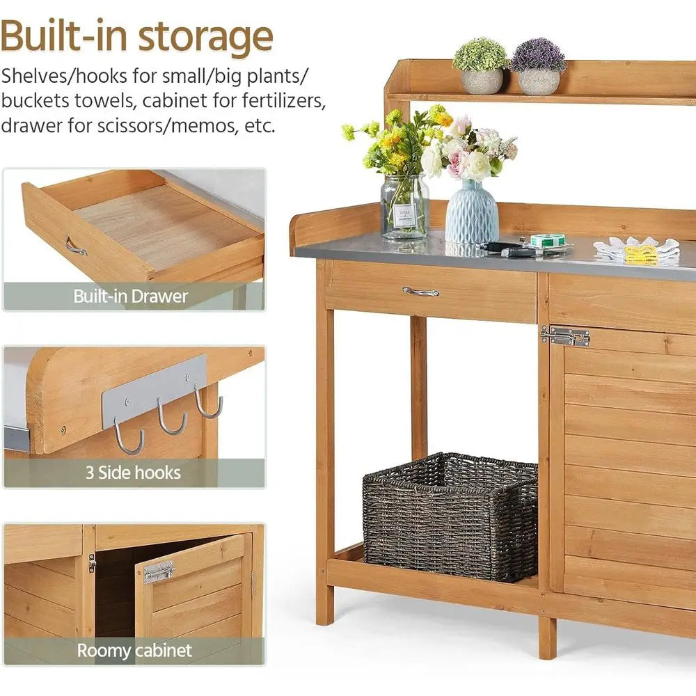 Wooden Outdoor Potting Bench With Metal Top Cabinet Drawer