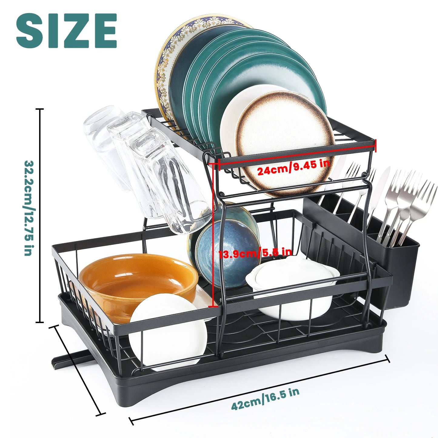 Two Tier Metal Dish Drying Rack Removable For Kitchen Countertop Large Capacity