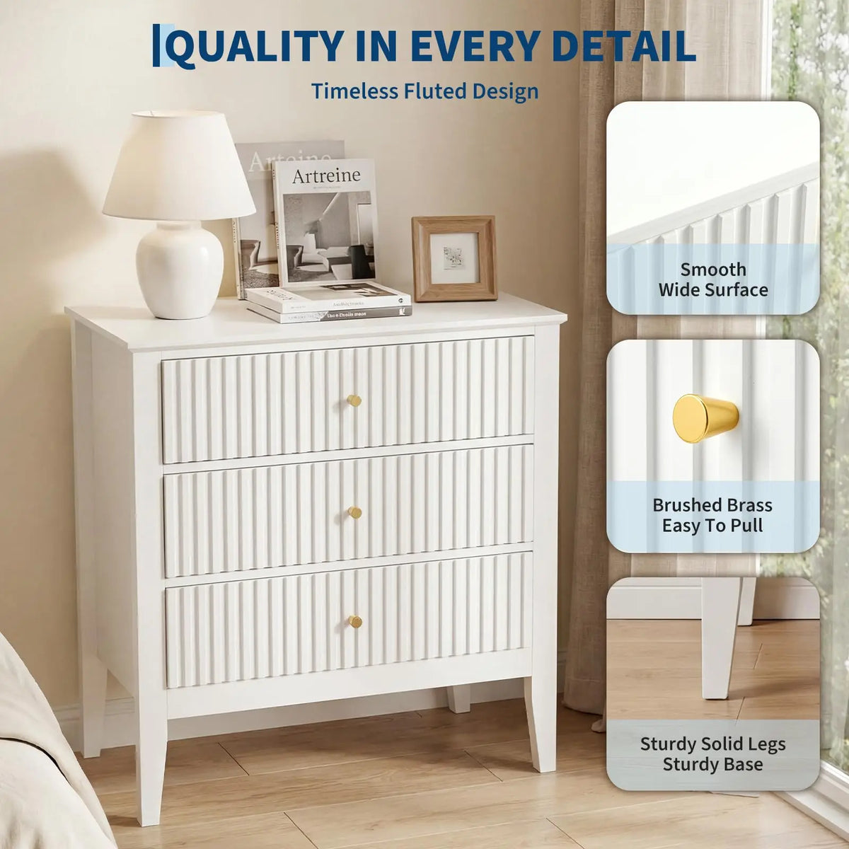 HiMISS Fluted Nightstand With Charging Station And Three Drawers
