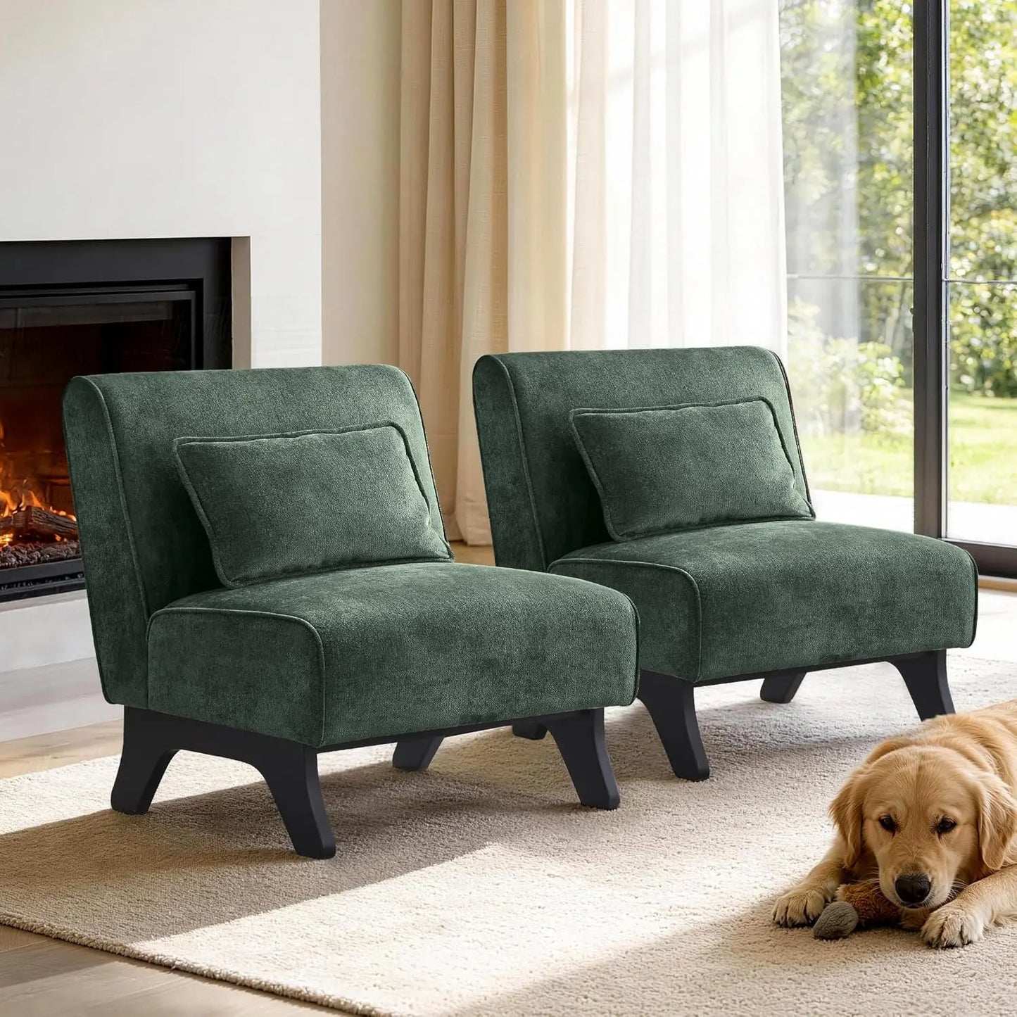 Modern Armless Accent Chair Set of 2, Wooden Legs & Pillows, Comfy Lounge Sofa Side Chair for Living Room, Custom