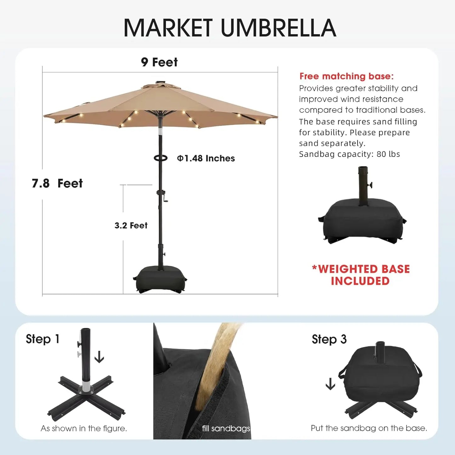 Solar Powered Patio Umbrella With Base And 32 LED Lights