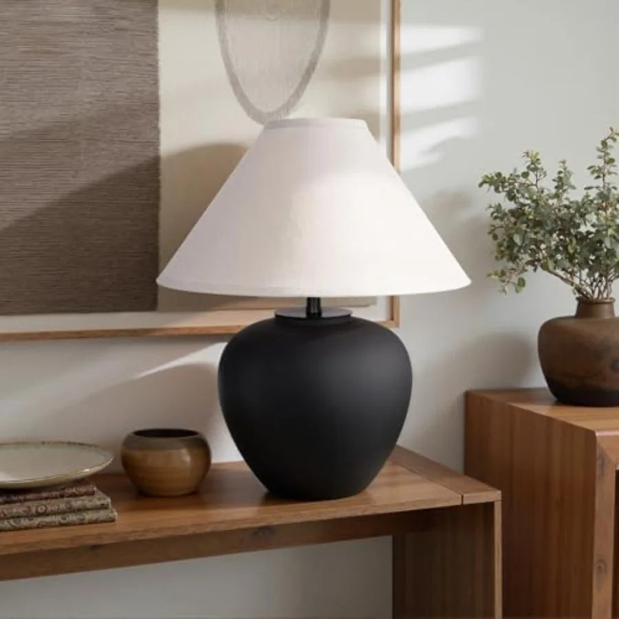 Ceramic Pot Table Lamp 18.5 inch Circular Frosted Nightstand Lamp Tapered Fabric Shade Bedside Ceramic Decorative for Living Ro