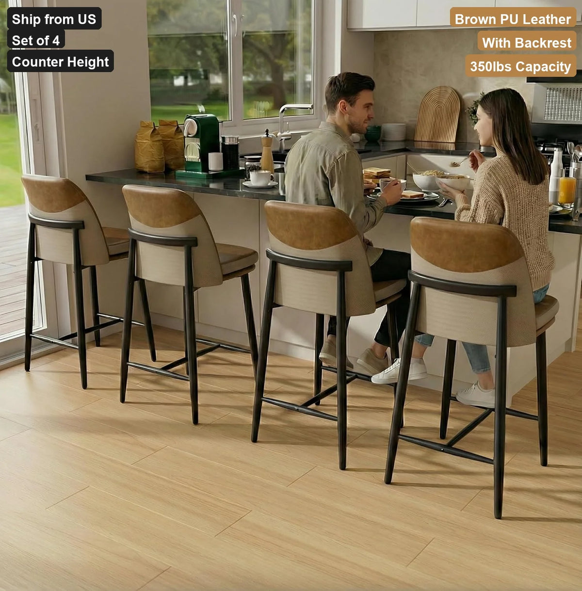 Bar Stools Set With Cushioned Backrests For Kitchen Island Dining