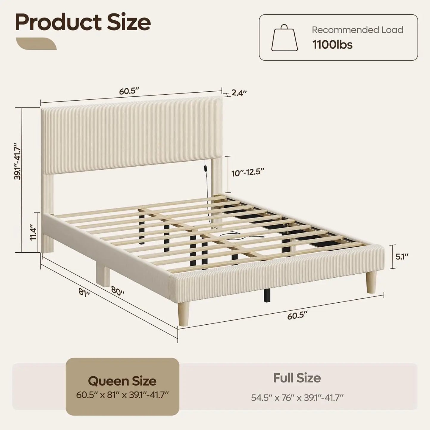 Bed Frame With Headboard And LED Lighting Wooden Slats Support