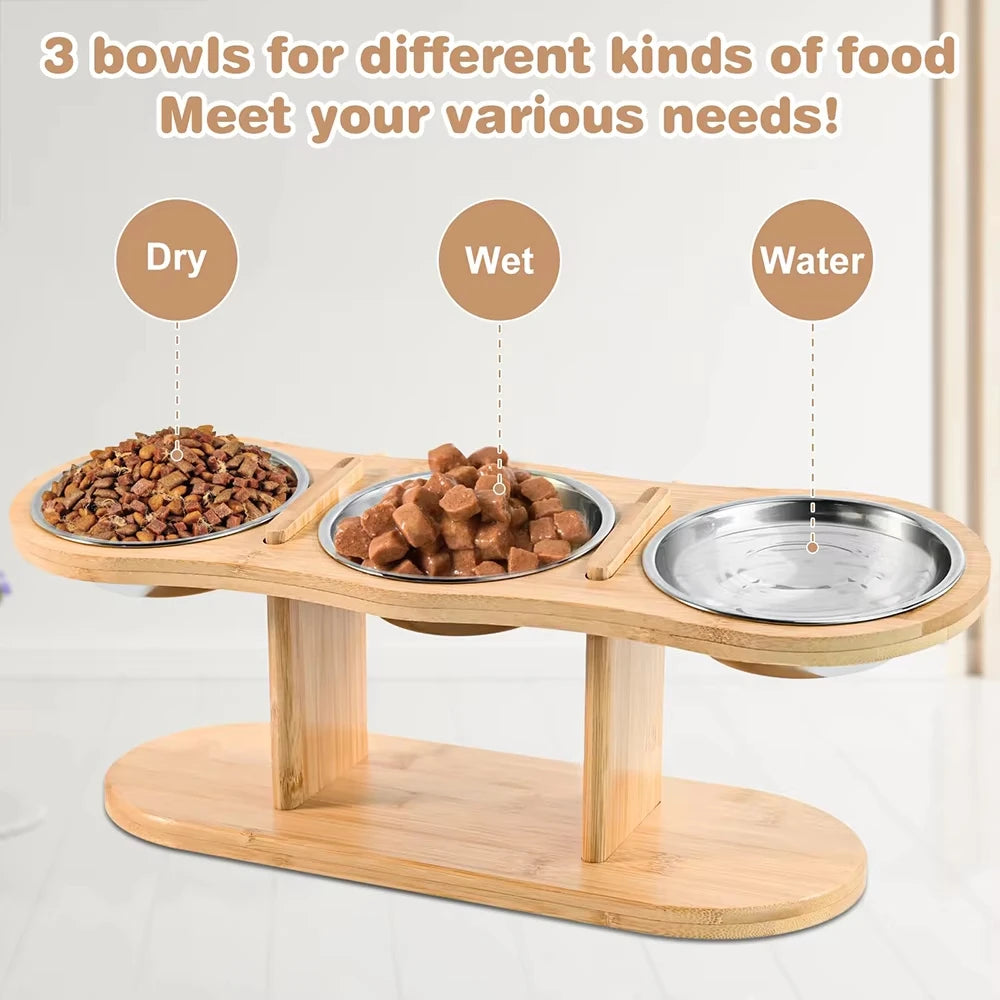 Cat Raised Feeder Three Stainless Steel Bowls Tilted 15 Degree