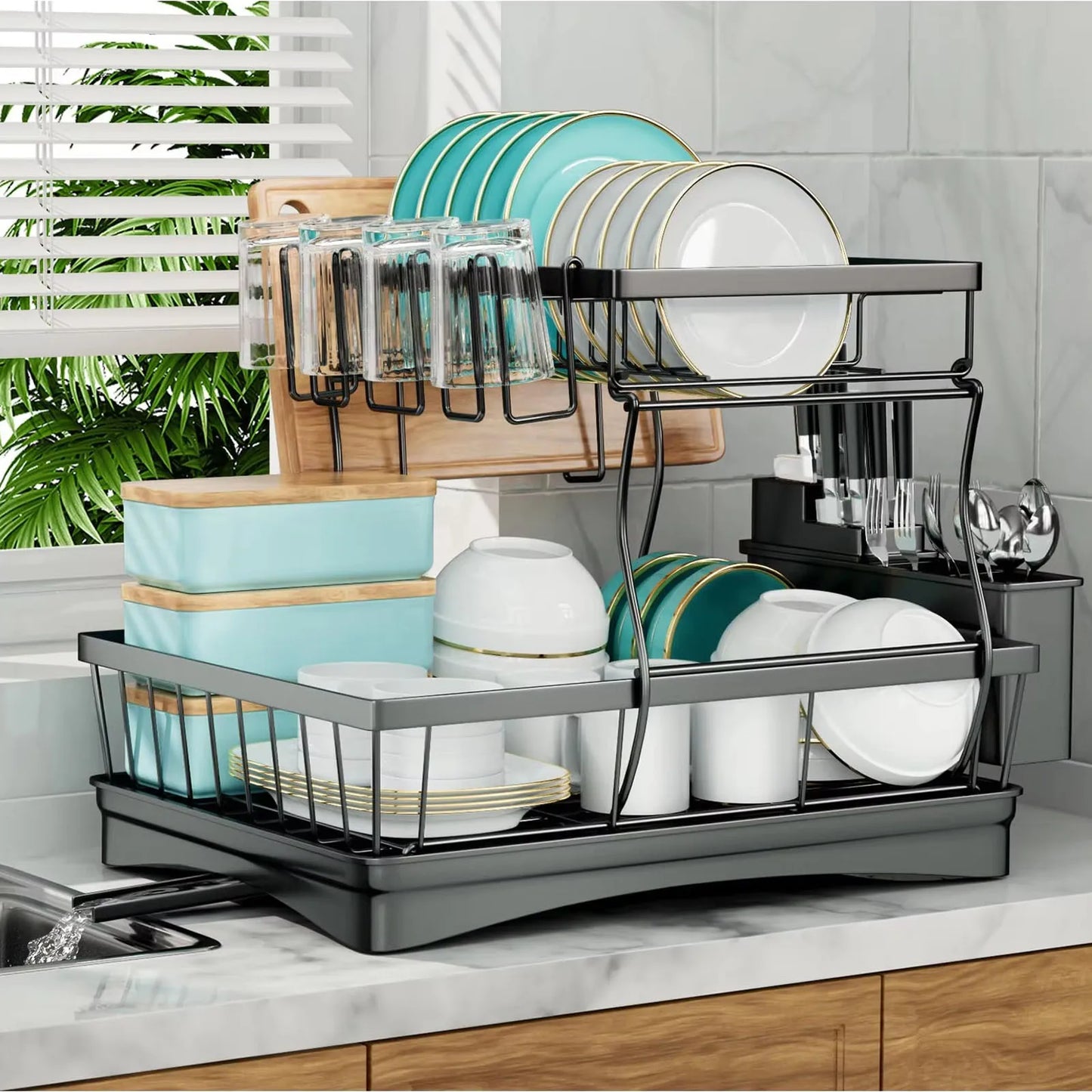 Two Tier Metal Dish Drying Rack Removable For Kitchen Countertop Large Capacity