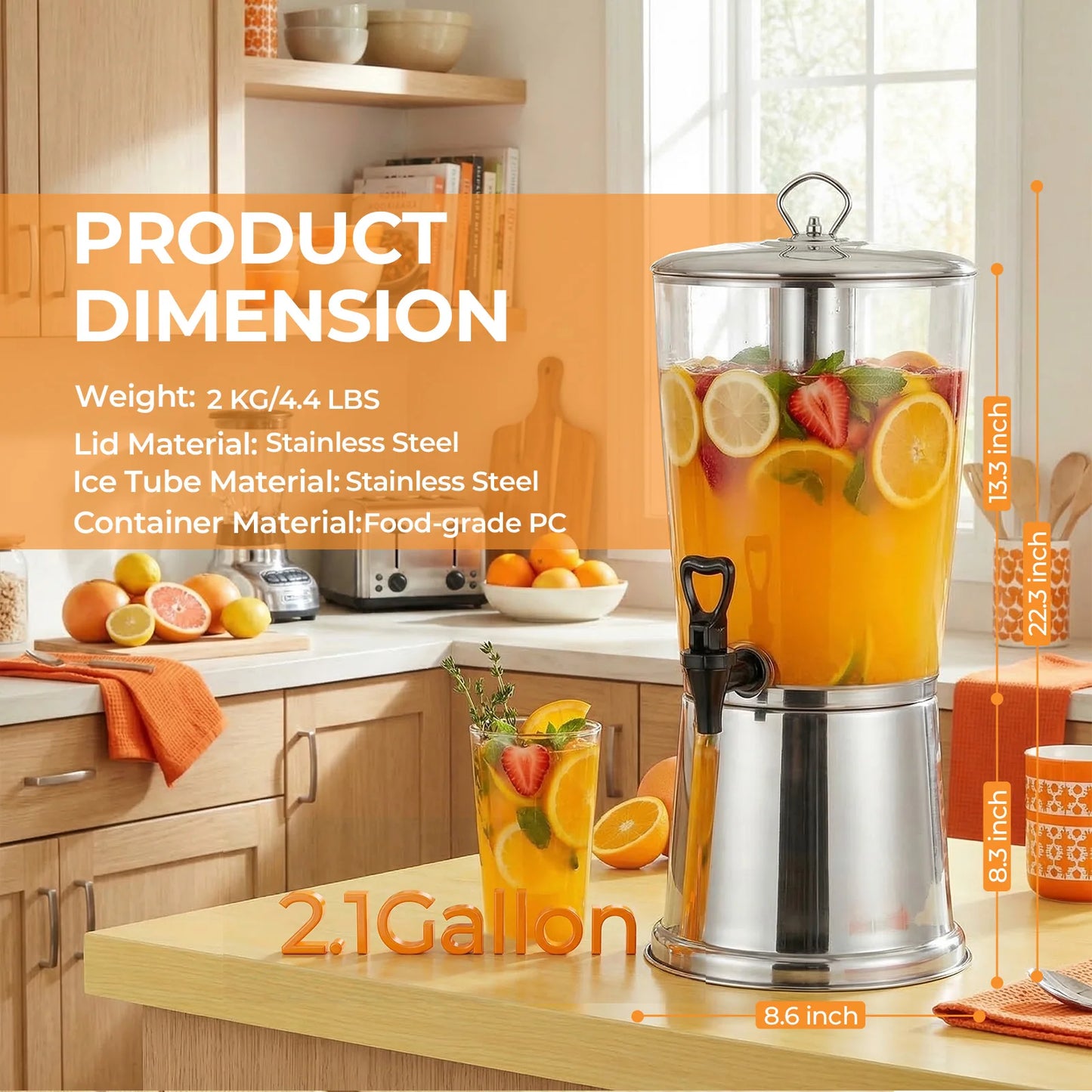 Beverage Dispenser With Stand Stainless Steel Ice Core Clear Acrylic