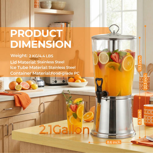 Beverage Dispenser With Stand Stainless Steel Ice Core Clear Acrylic
