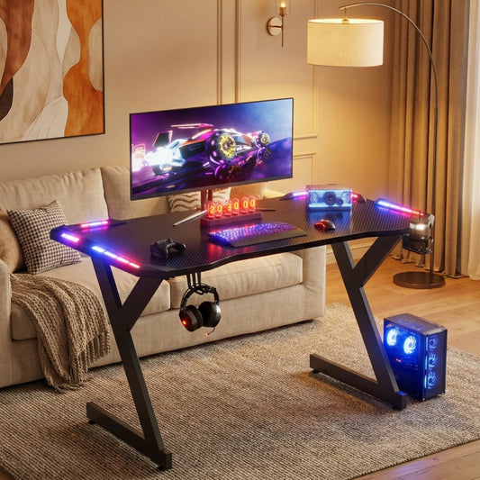 FRODROVIA Y Shaped Gaming Desk With RGB LED Lights Cup Holder