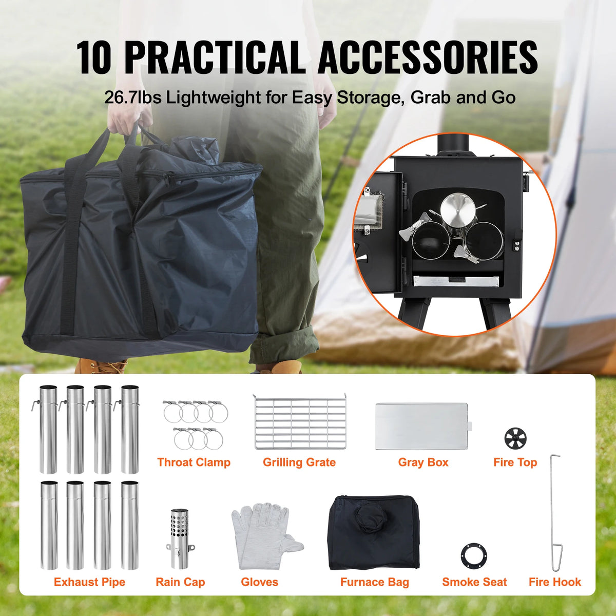 Portable Alloy Steel Camping Wood Stove With Chimney And Gloves