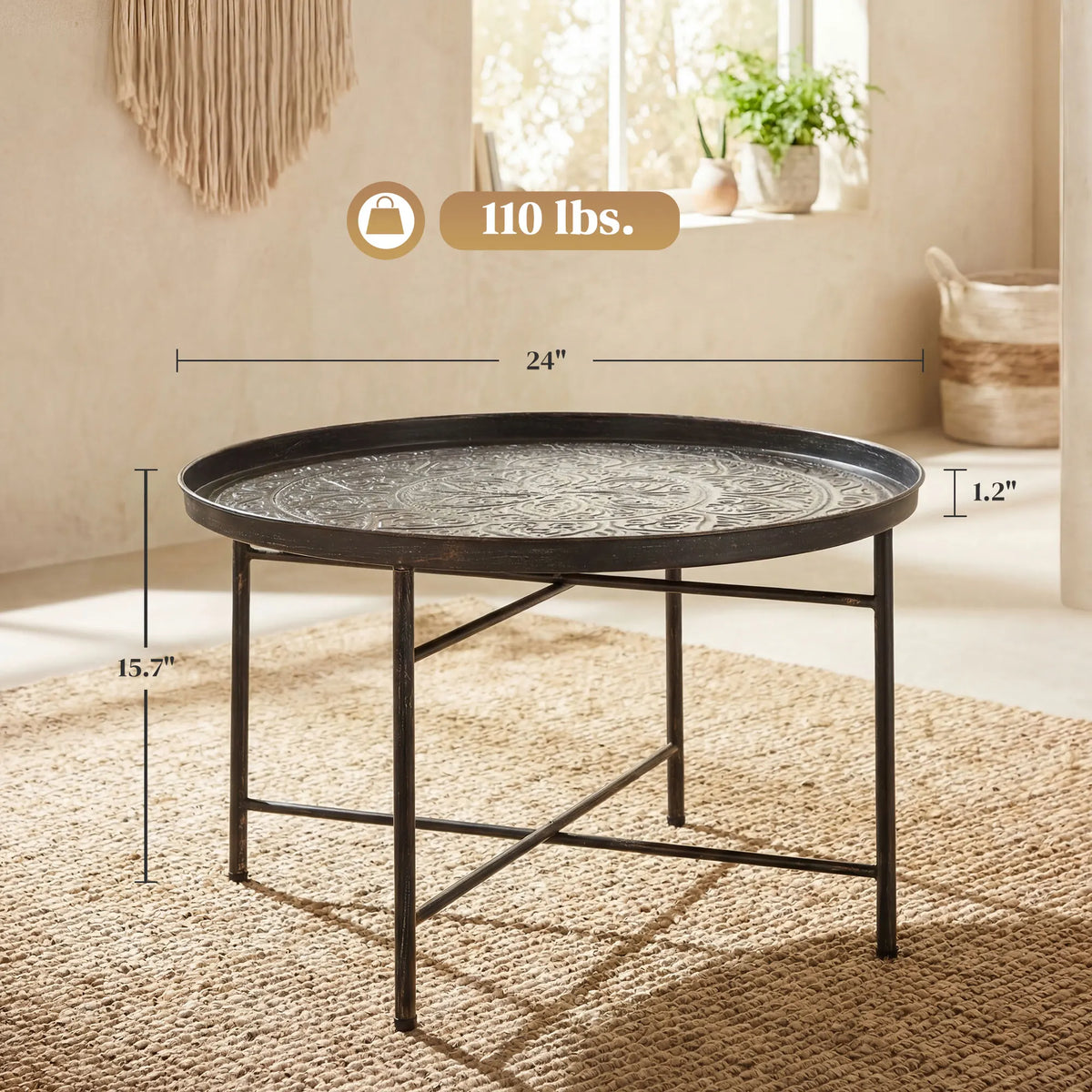 HOMCOM Vintage Round Metal Coffee Table With Hammered Tray Top