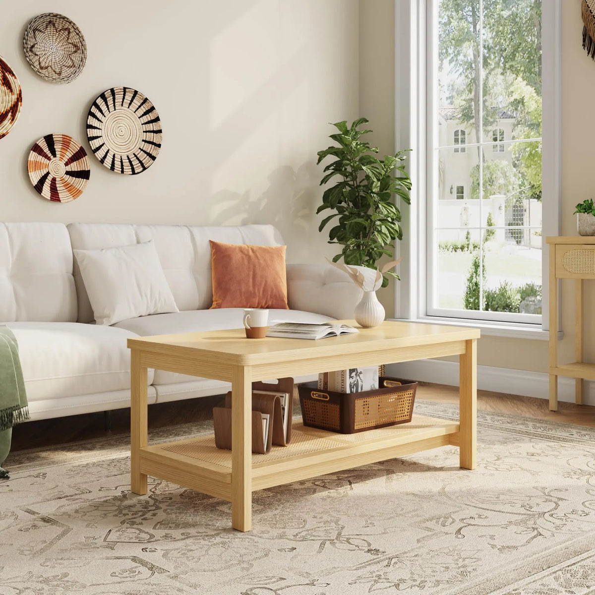 HiMISS Boho Rattan Coffee Table With Storage Shelf Two Tier
