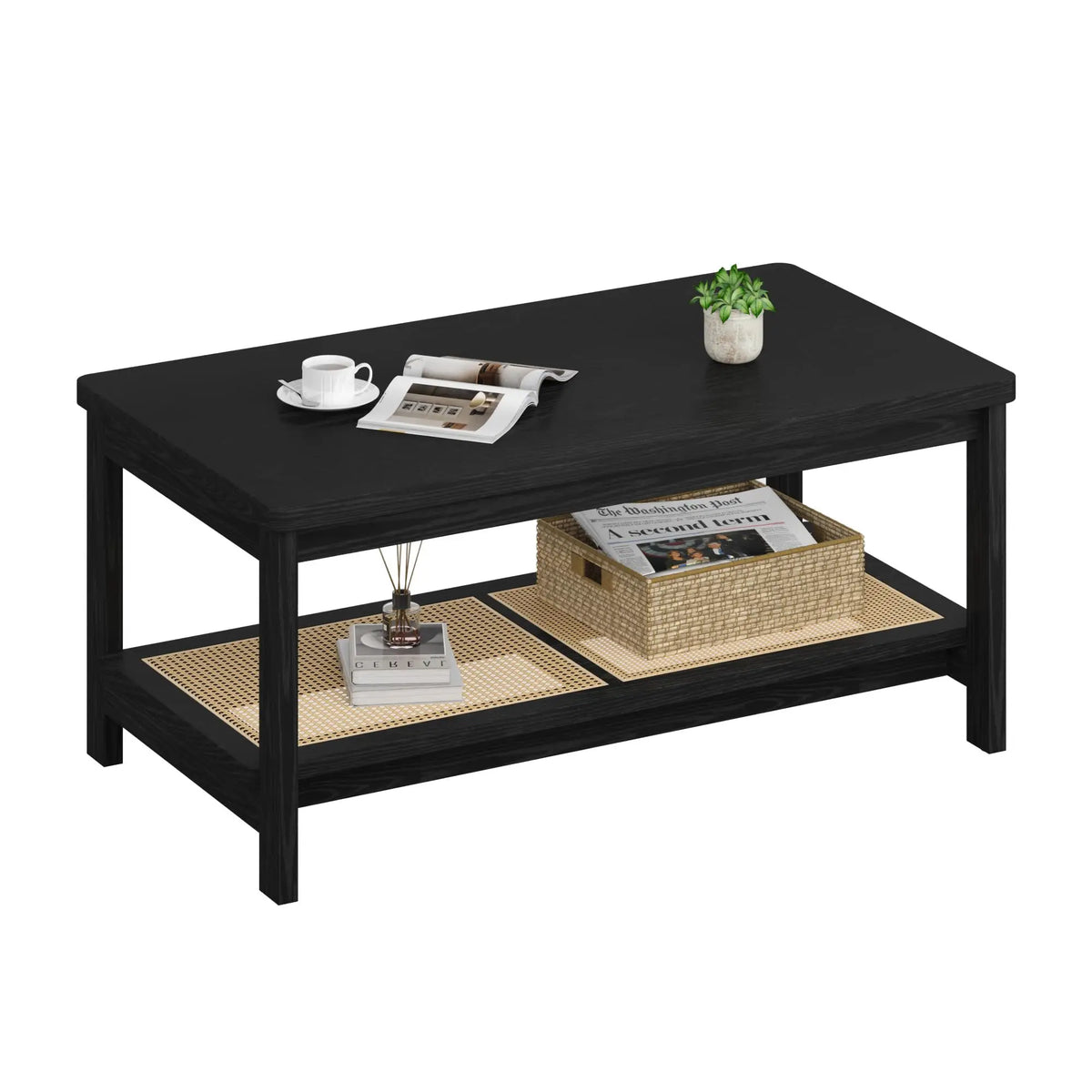 HiMISS Boho Rattan Coffee Table With Storage Shelf Two Tier