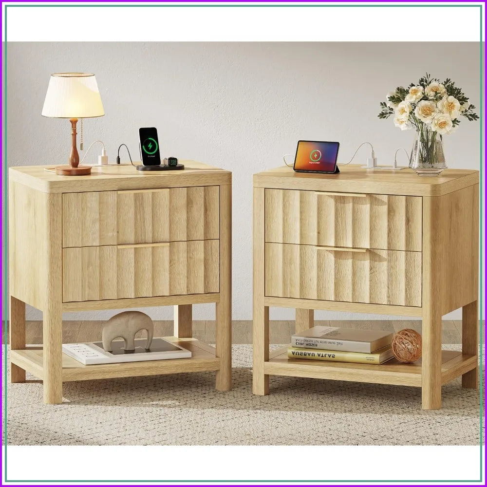 Fluted Wood Nightstands With USBC Charger Station Set Of 2