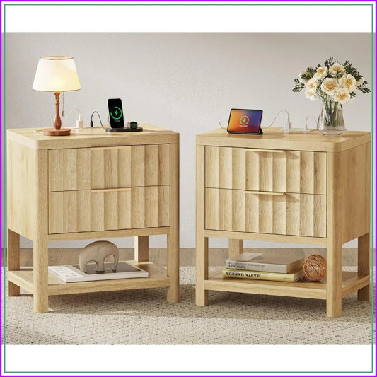 Fluted Wood Nightstands With USBC Charger Station Set Of 2
